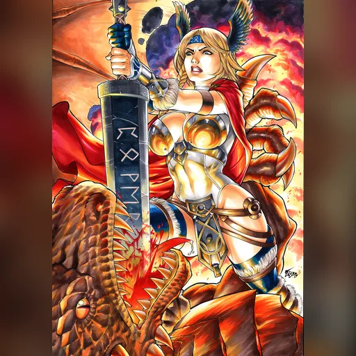 alias:karen_starr alias:power_girl artist:fred_benes character:kara_zor-l medium:artwork medium:drawing publisher:dc style:benes // 1402x1982 // 864.4KB // jpg // image/jpeg // power_girl_valkyrie_slaying_a_dragon_by_fred_benes_by_augen76_dd992fl