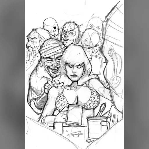 artist:adam_hughes character:red_sonja medium:artwork // 825x1245 // 168.3KB // jpg // image/jpeg // red_sonja__pirates_sketch_by_ah