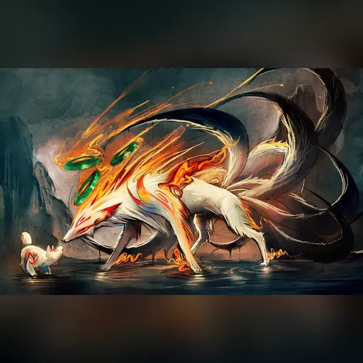 artist:sakimichan medium:artwork medium:drawing plus_artist // 1600x1000 // 1.1MB // jpg // image/jpeg // nine_tailed_fox_and_pup_by_sakimichan-d4r47s5