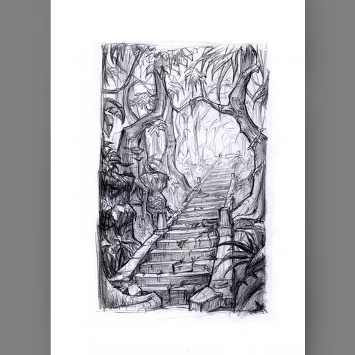 medium:artwork official_artwork series:tomb_raider stopgap tomb_raider_underworld // 1074x1500 // 1.1MB // jpg // image/jpeg // Mayan-Forest-Stairs-sketch-1