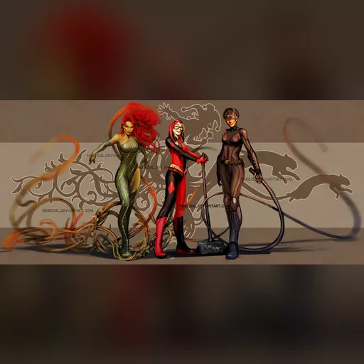 alias:harley_quinn alias:poison_ivy artist:nebezial character:harleen_quinzel character:pamela_isley character:selina_kyle medium:artwork publisher:dc series:batman // 2600x1173 // 407.6KB // jpg // image/jpeg // the_clown__the_cat__the_ficus_by_nebezial-d59jt17